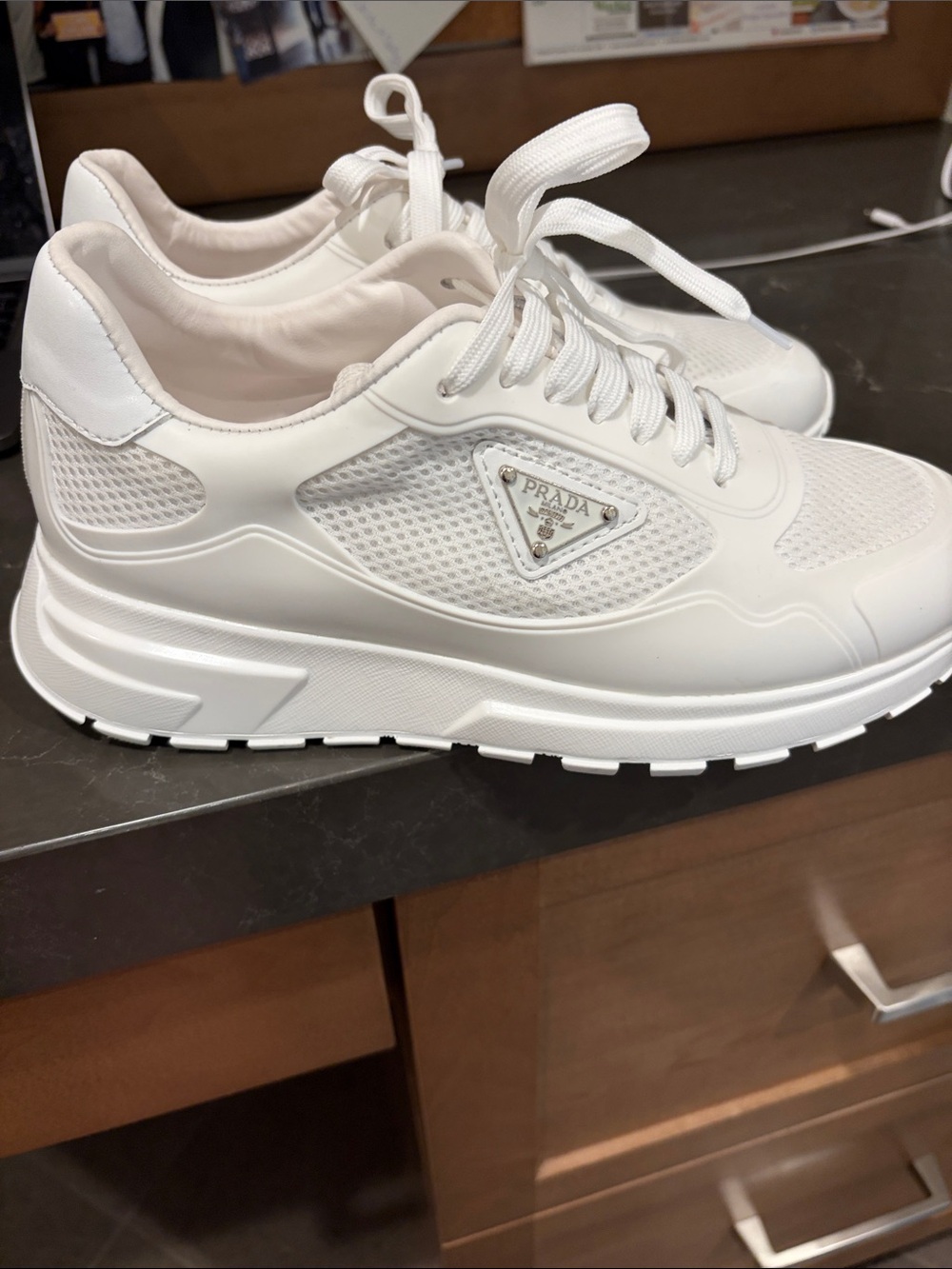 Prada White Mesh & Leather Platform Sneakers